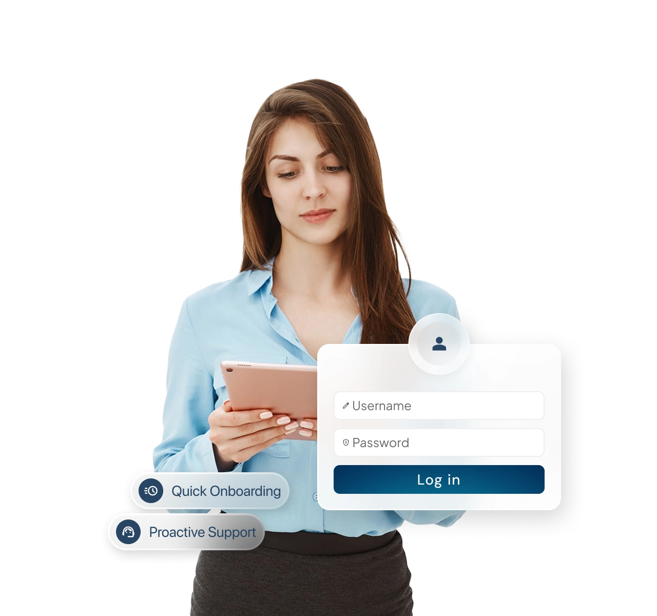 Formica AI software interface showcasing a quick onboarding process and secure login pop-up windows.